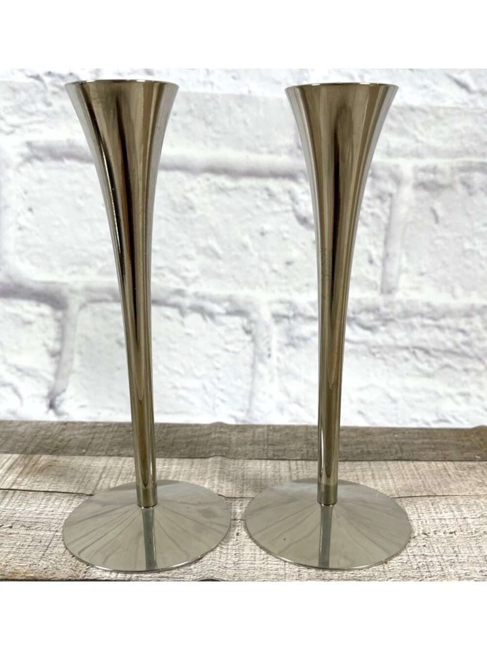 Vintage Pair Solingen Germany Steel Trumpet Candle Holder MCM Taper Candlesticks